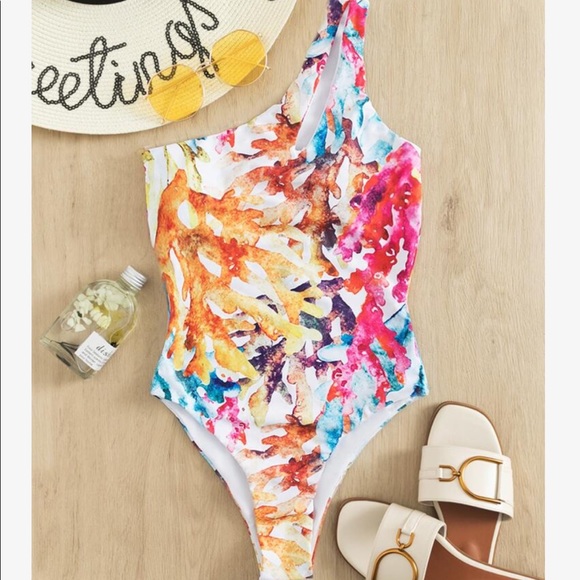 Boho Watercolor Floral Print One Shoulder Monokini One Piece Swimsuit - Picture 4 of 5
